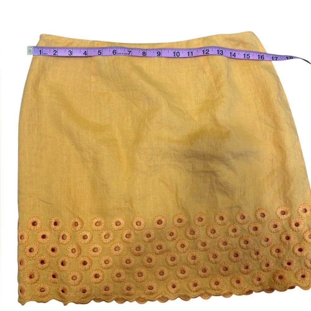 Michael Kors Yellow Linen Skirt Size 10 Eyelet Floral Hem Embroidered